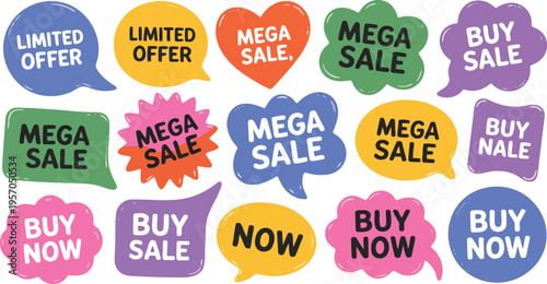 A cheerful collection of colorful speech bubbles features various phrases like Mega Sale and Limited Offer