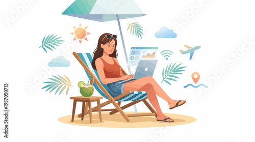 Remote Work Travel Lifestyle Freelancer on Holiday Flat Vector