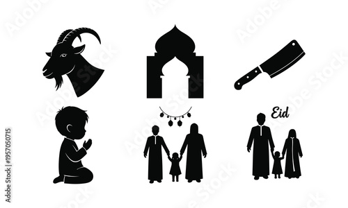 Islamic holiday elements vector silhouette illustration including goat head and family icon