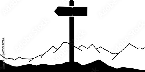 Mountain landscape, directional sign, black silhouette, vector icon, travel symbol