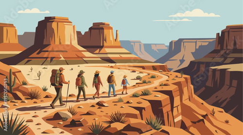 A group of diverse hikers with backpacks and hats trek along a winding path in a vast, arid canyon landscape with towering rock formations and cacti under a clear sky.