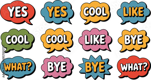 A collection of colorful speech bubbles displaying common English words on a white background