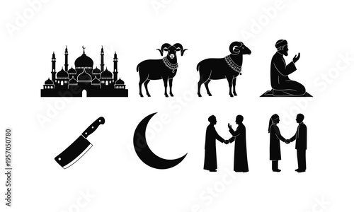 Islamic holiday vector silhouette illustration for Eid Al Adha with mosque and sacrifice