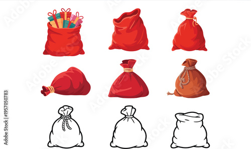 A collection of festive red Santa sacks, some full of presents and others represented as outlines