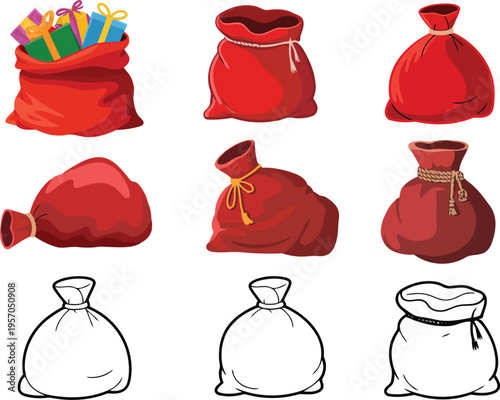 A comprehensive set of red Santa sacks, some overflowing with colorful presents and others as outlines