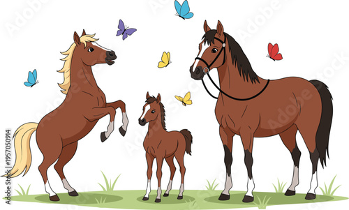 Horse family with mare foal and stallion running and standing farm animals cartoon vector illustration collection