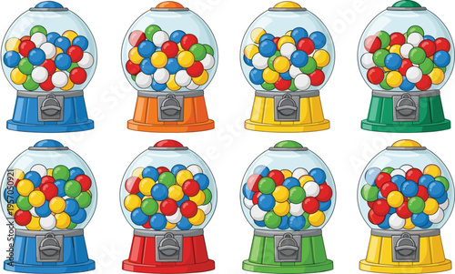 Gumball machines collection with colorful candy dispensers retro sweet vending devices cartoon vector illustration set