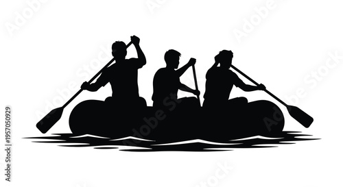 Three kayakers paddling in unison a striking black silhouette