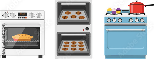 Kitchen ovens set with baking cookies and cooking appliances home cooking equipment cartoon vector illustration collection