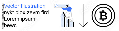 Finance, cryptocurrency, market analysis, economy trends, digital assets, investment strategy. Person analyzing bar graph and Bitcoin icon with a downward arrow. Finance and cryptocurrency