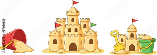 Sandcastle collection with buckets shovels and beach toys summer seaside activity cartoon vector illustration set