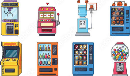 Arcade and vending machines collection with claw slot gumball snack and drink dispensers colorful vector illustration set