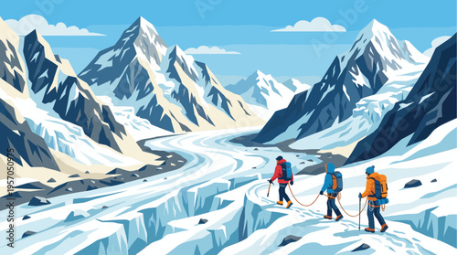 Three climbers trek across a vast, icy glacier surrounded by majestic, snow-capped mountains under a clear blue sky with clouds.