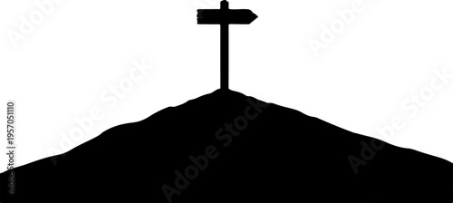 Black cross on hill silhouette, mountain icon, summit symbol, landscape marker