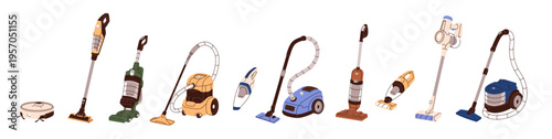 Vacuum cleaners types set. Different household appliance for cleanup in house. Robot, for car and upright dust sucking machine for housework. Flat isolated vector illustration on white background