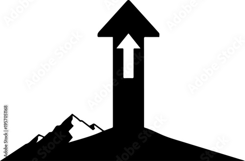 Black mountain landscape icon, upward arrow symbol, growth concept, vector graphic
