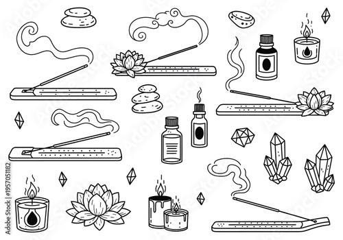 Set of 25 Hand-Drawn Outline Incense Sticks, Candles, Essential Oils, and Crystals Vector Icons