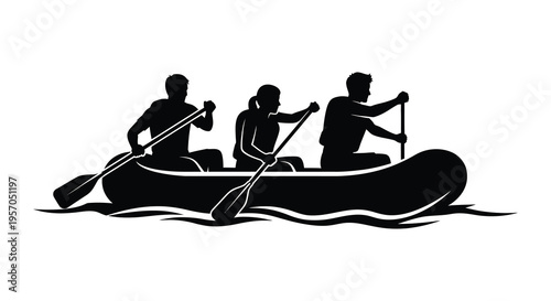 Three people paddling a canoe on water black silhouette