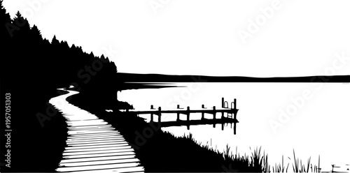 Black and white, dock, lake, landscape, silhouette, vector illustration