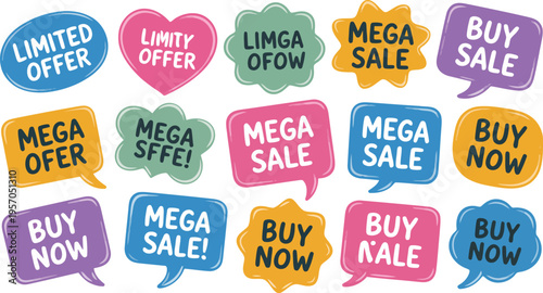 A fun collection of colorful speech bubbles displays various promotional messages and sales offers