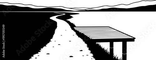Black and white vector dock, lake shore landscape, simple illustration, monochrome scenery