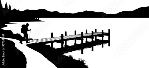 Black silhouette lake scene, wooden dock, peaceful landscape vector, outdoor scenery