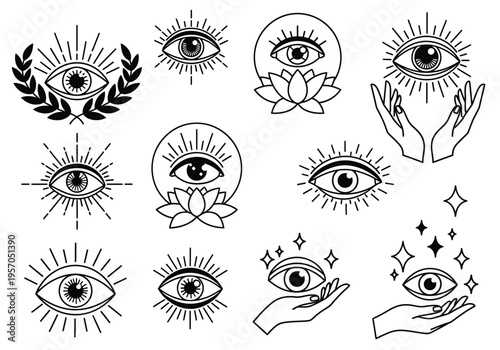 Set of 12 mystical all-seeing eye vector icons with sunbursts, hands, and lotus flowers for spiritual design