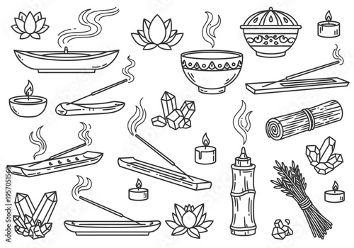 Set of 25 Outline Spa and Aromatherapy Icons Vector - Incense Sticks, Candles, Lotus Flowers, and Crystals