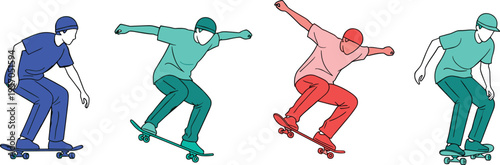 skateboarders performing tricks dynamic street style illustration urban youth motion action sequence colorful minimal design isolated background skateboarding sport concept