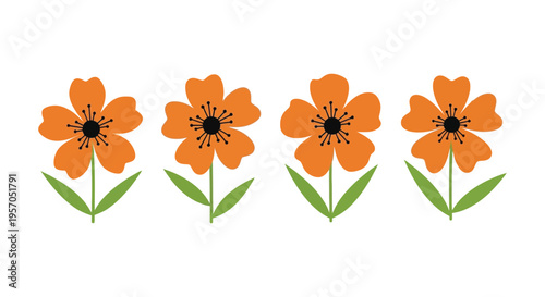 Four vibrant orange flowers with green stems a bold silhouette