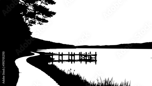 Black, silhouette landscape, lake dock, tree, vector illustration, scenic view
