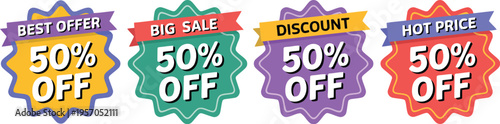 An appealing purple sticker highlights a special discount with a fifty percent price reduction
