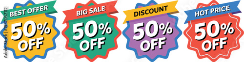 A vibrant yellow and blue best offer sticker advertises a generous fifty percent reduction in price