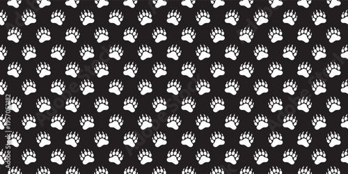Seamless bear paw print pattern on black background. Minimalist animal track vector, ideal for t-shirt prints, fabric textiles, nursery wallpaper, wrapping paper, and wildlife-themed branding.