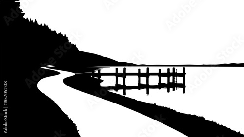 Black silhouette landscape, rural road, fence, and forest, vector illustration