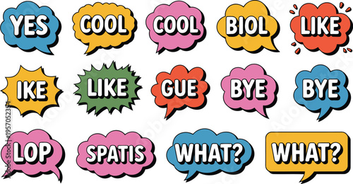Assortment of colorful cartoon speech bubbles expressing various common words and exclamations