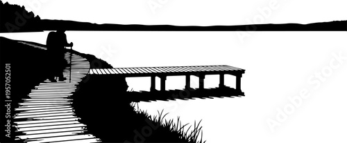 Black silhouette dock, lake shore, wooden pier, grassy bank, vector landscape