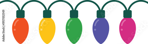 Five vibrant Christmas light bulbs are neatly arranged in a straight line on a green cord