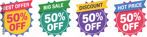 Four bright promotional badges with 50 percent off messages for various shopping discounts