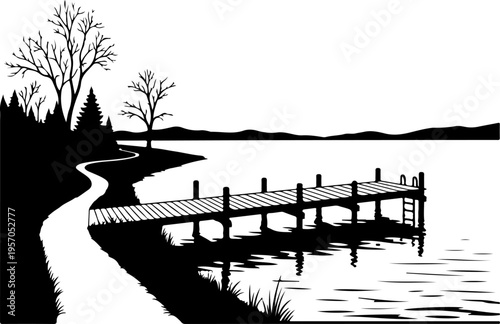 Black and white dock, lake landscape, vector illustration, serene scenery