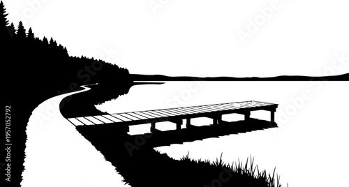 Black, dock, lake, landscape, silhouette, vector, water, wooden pier, pier, illustration, scenery
