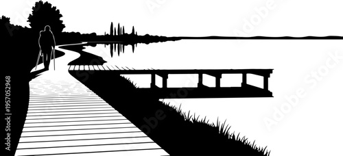Black, white, dock, lake, silhouette, vector illustration, pathway, pier, landscape