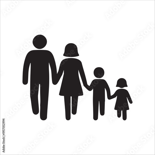 Iconic Silhouette of a Four Person Family Walking Together Holding Hands Symbolizing Unity Love and Togetherness Modern Minimalist Design with Clean Lines and Solid Black Shapes