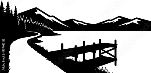 Black silhouette landscape, mountain lake dock, scenic vector illustration, outdoor scenery