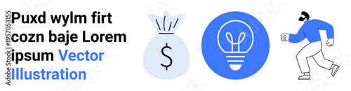 Financial growth, creativity, motivation, business strategy, entrepreneurship, innovation. Dollar sign on money bag, light bulb person running. Financial growth and creativity concept