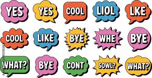 Vibrant collection of playful speech bubble vector graphics with diverse text messages and shapes