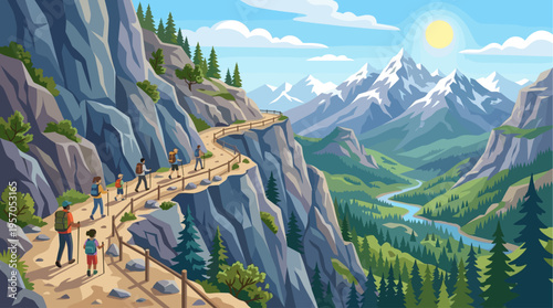 A diverse group of hikers with backpacks and trekking poles ascend a winding mountain path surrounded by majestic peaks and lush green valleys under a sunny sky.