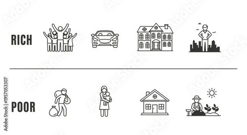 Rich and poor comparison infographic featuring wealth versus poverty lifestyle icons on white background