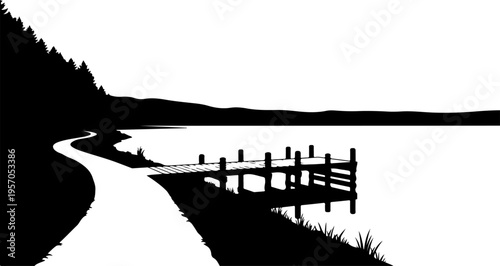 Black silhouette landscape, rural scenery, fence by lake, monochrome vector illustration