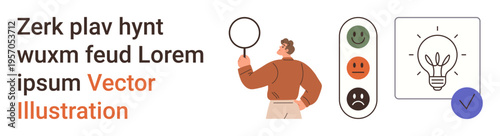 Business analysis, idea generation, customer feedback, user experience, problem solving, innovation. Person holding magnifying glass near emotion ratings and light bulb icon. Idea generation